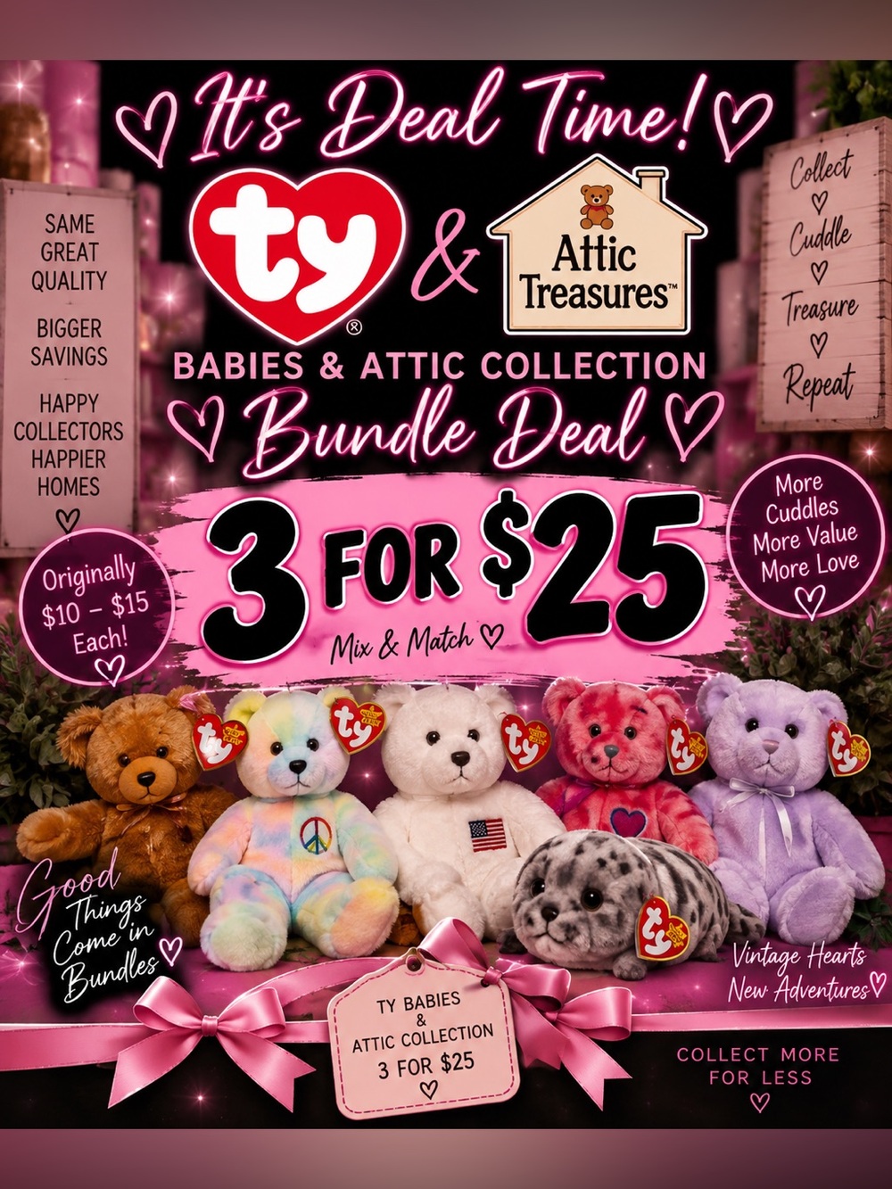 Ty Plush Bear Bundle - Pink, White, Purple & Multicolor Bears
